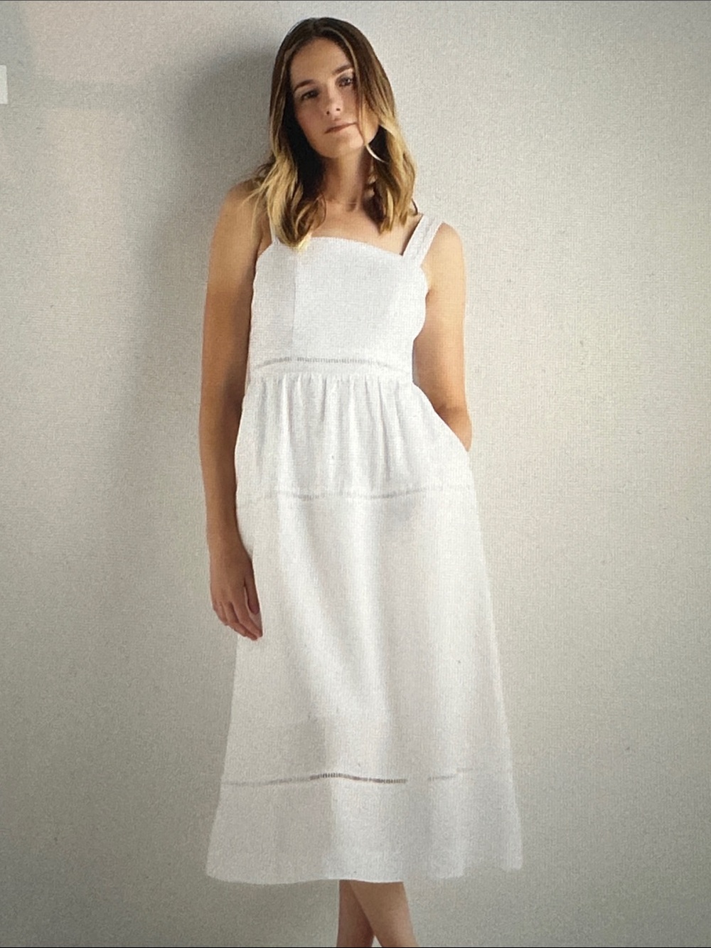 Women’s Sleeveless 100% linen White Midi Dress with Square Neck size M